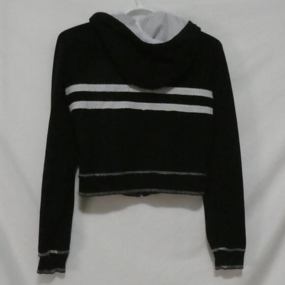 BEBE SPORT | small | Black & White Cropped Mesh Lined Hoodie | Logo & Stripes - Picture 3 of 15